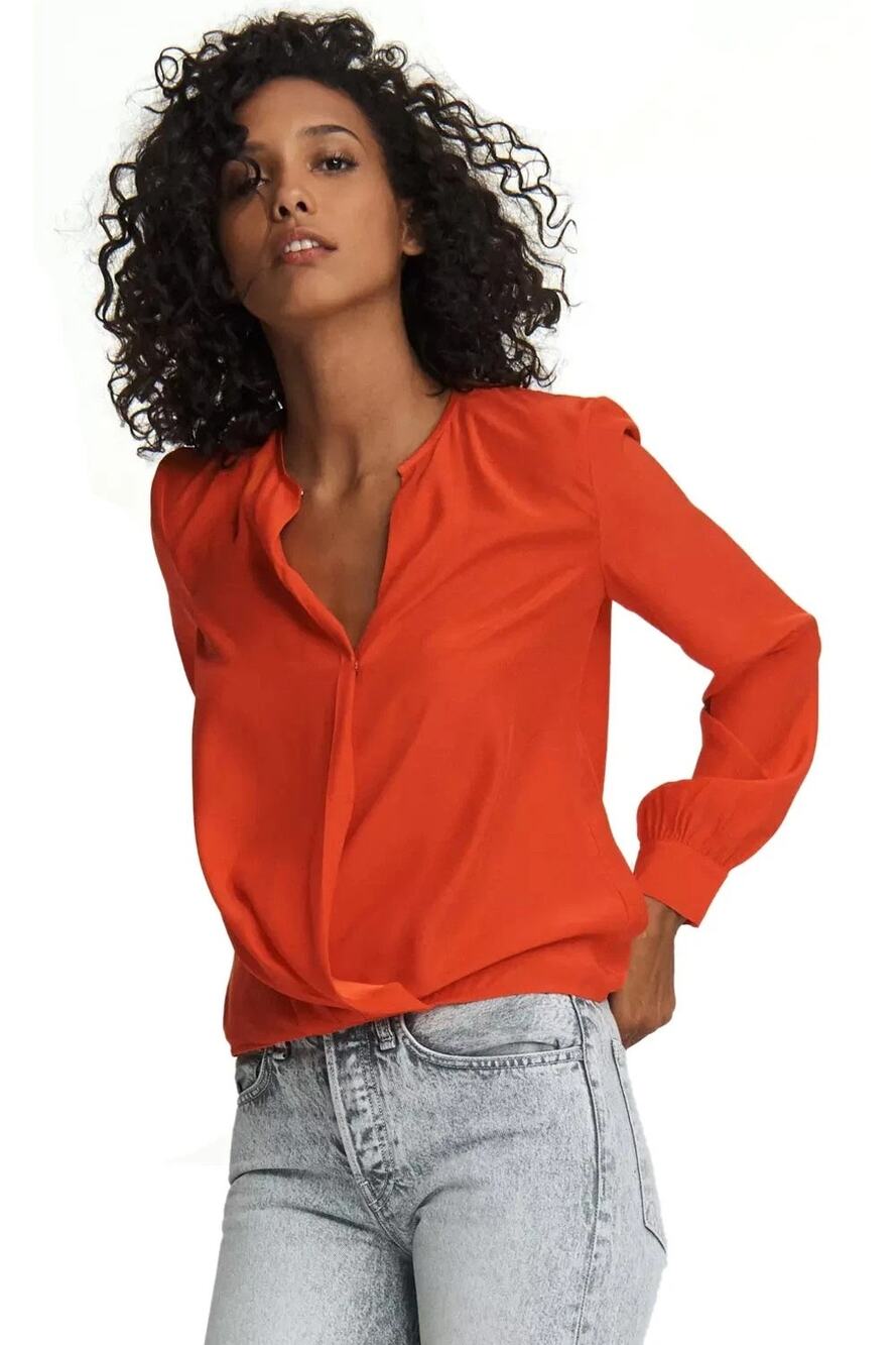 Rag & Bone 100% Silk Blouse, Lora, Red Orange, Hi-Low Hem, Womens Sz S